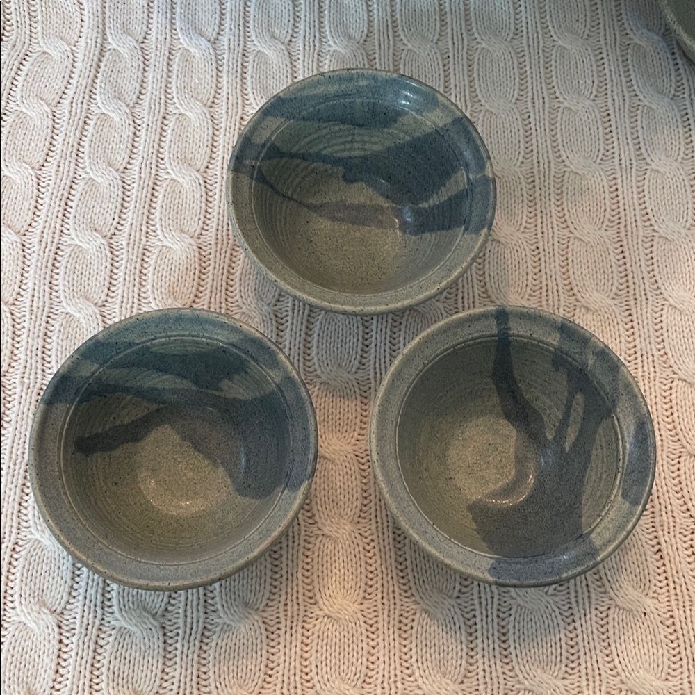 3 Handmade pottery bowls 4 & 7/8” diameter stacking glazed signed trinket blue